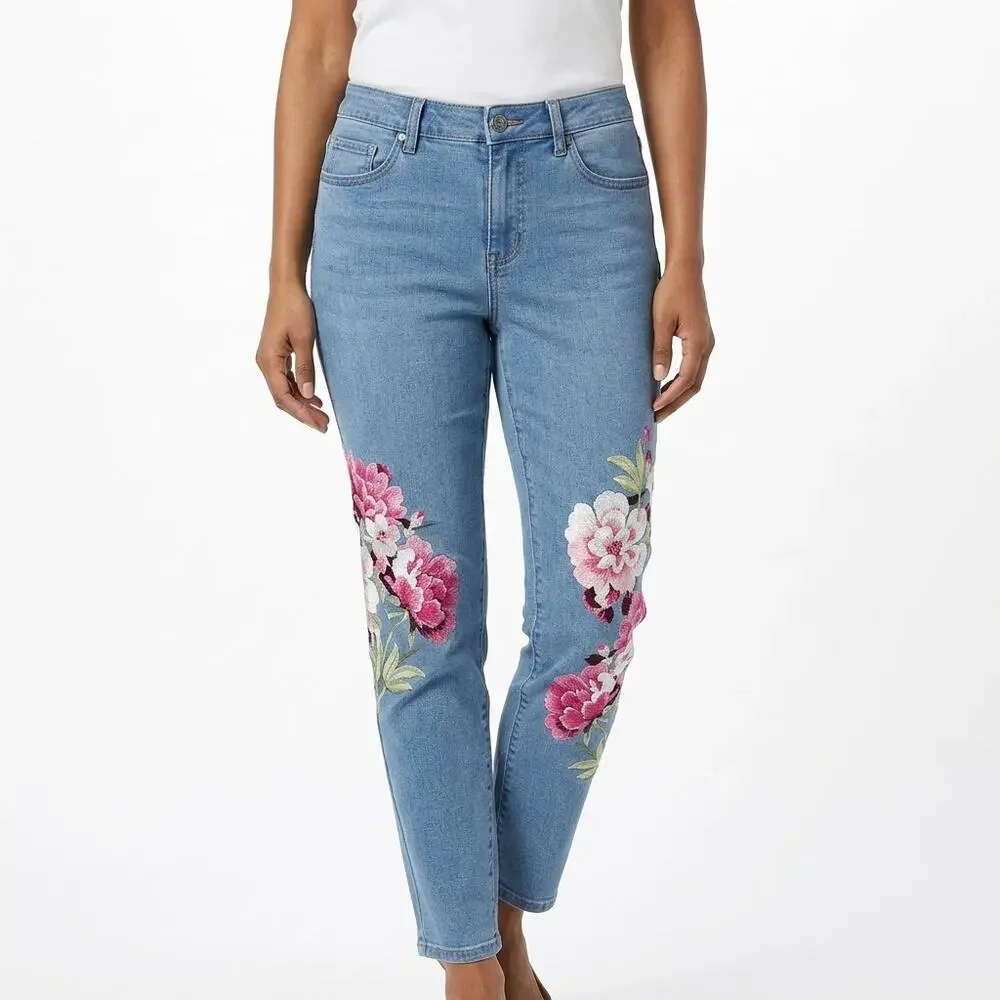 NWT DG2 Diane Gilman Floral Embroidered Skinny Jeans Blue Women Size 8P